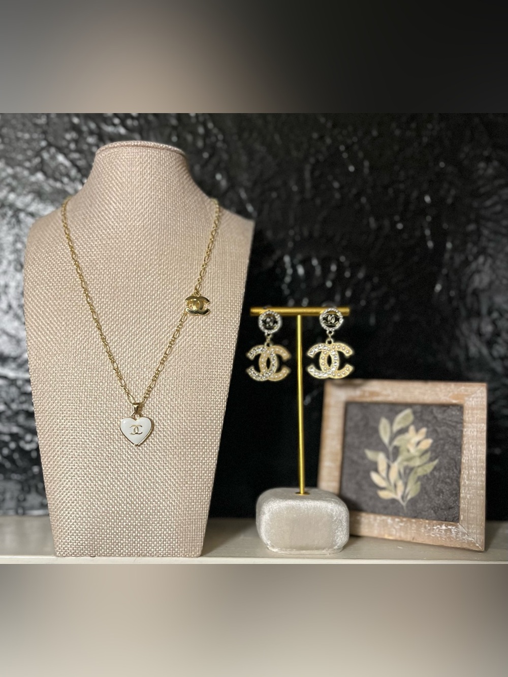 Gold Heart Pendant Necklace with Matching Logo Drop Earrings